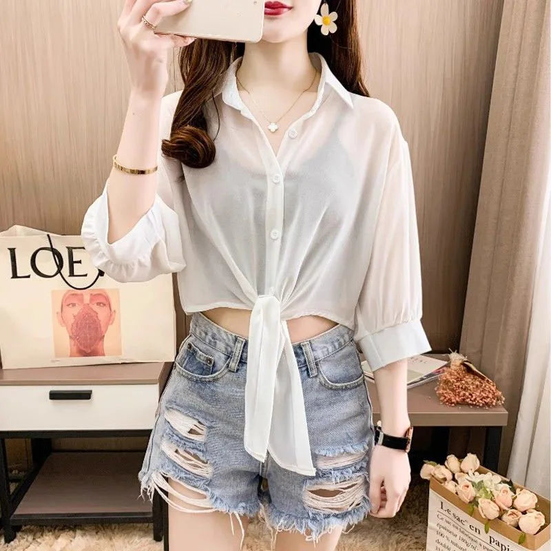 Xpqbb Summer Sun Protection Shirts Ladies Solid Color Tied Waist Half Sleeve Button Blouse Women Casual Loose Chiffon Shirt