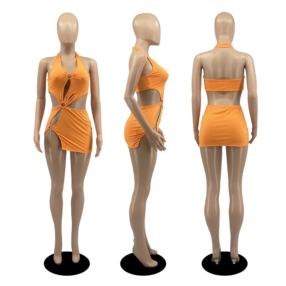Summer Dresses Woman 2022 High Street Stretch Slim Hollow Sexy Mini Bodycon Dress Elegant Orange Sleeveless Club Party Sundress