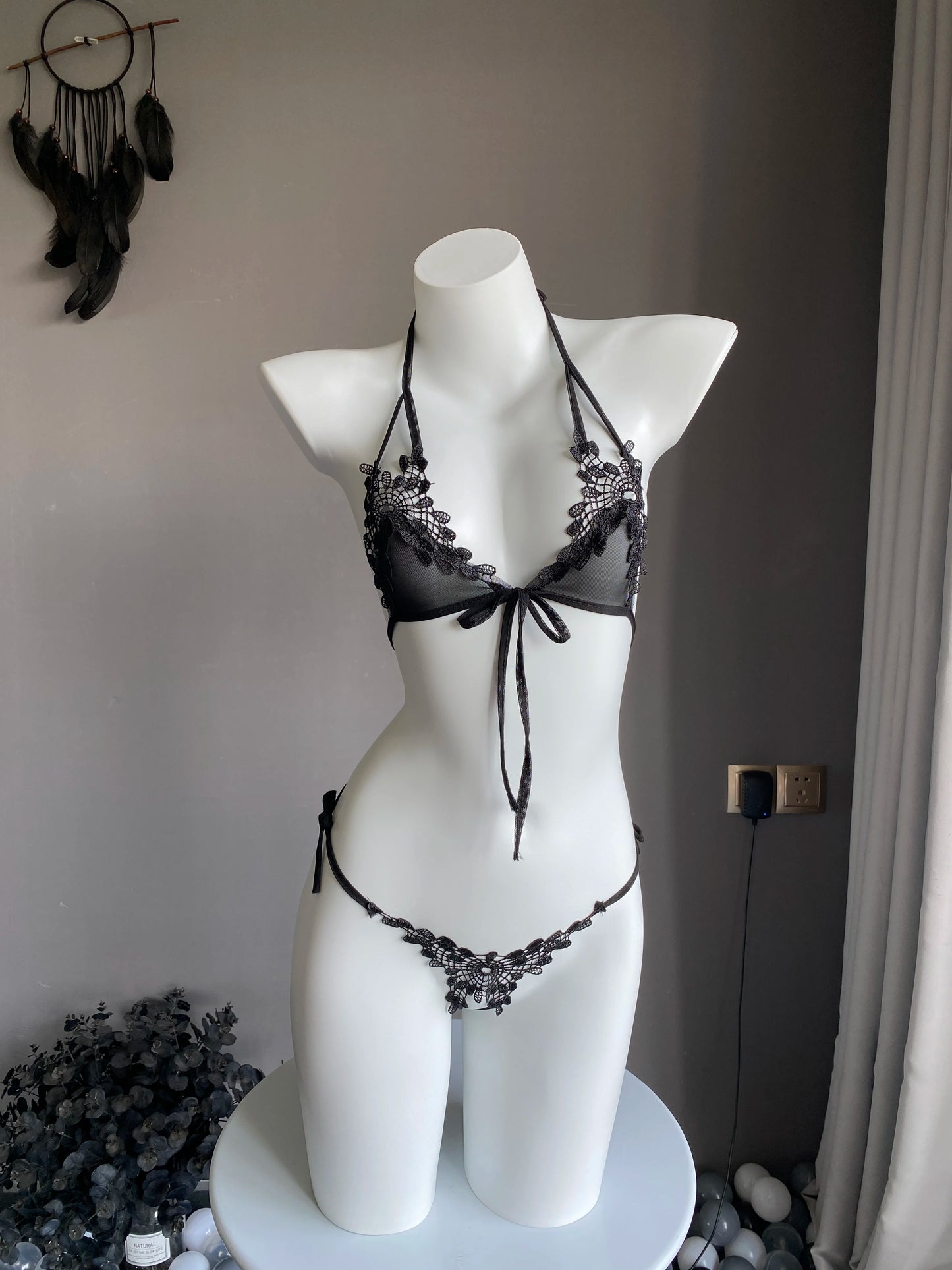 Lencerias Sexy Hot Sets Lace-up Adjustable Bra Crotchless Thong Set Porno Lingerie Women Halter Mini Underwear Cosplay Bikini