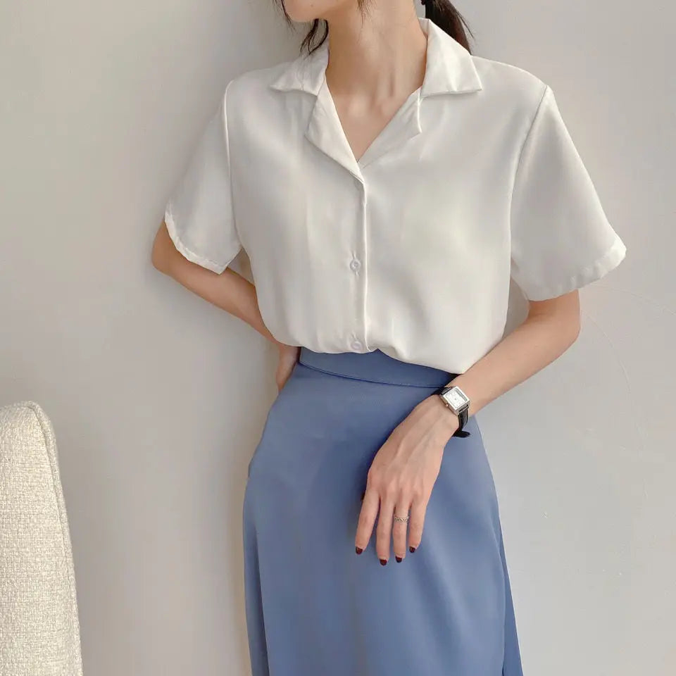 Women Summer Elegant Solid Chiffon Blouses Casual Turn Down Collar Short Sleeve Loose Shirts Korean Chic Top Female Tunic