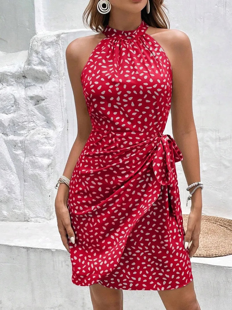 Elegant floral print dresses for summer women's dress 2024 new O-neck halter sleeveless fashionable zipper pleated mini dress