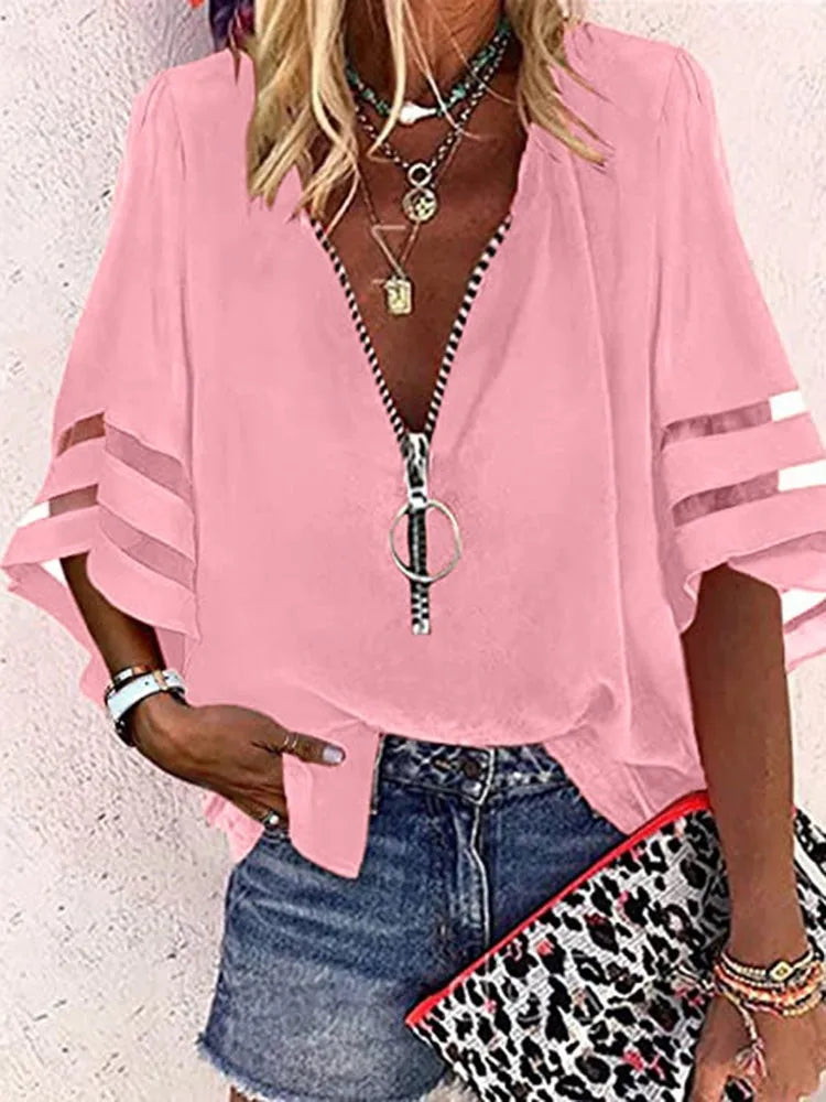 Summer Shirt Elegant Women Lace Patchwork Flared Sleeve Mesh White Blouse Women Zipper V-Neck Loose Casual Tops Streetwear Femal