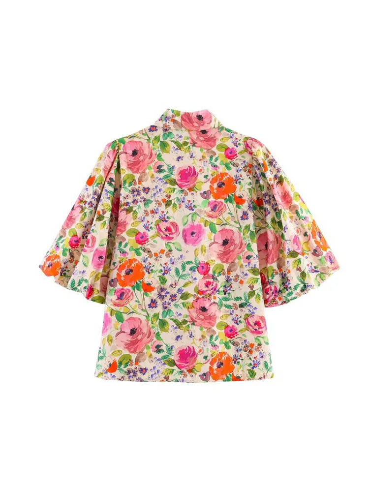 Women Summer Shirts Blouses Tops 2026 Fashion Floral Print Bow Collar Short Sleeve Female Elegant Street Top Clothing