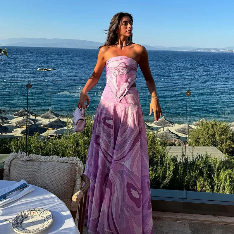 Fashion Halter Printed 3 Pieces Sets Women Lace Up Sleeveless Backless Tops Mini Shorts Asymmetric Skirts 2026 Summer Lady Suits