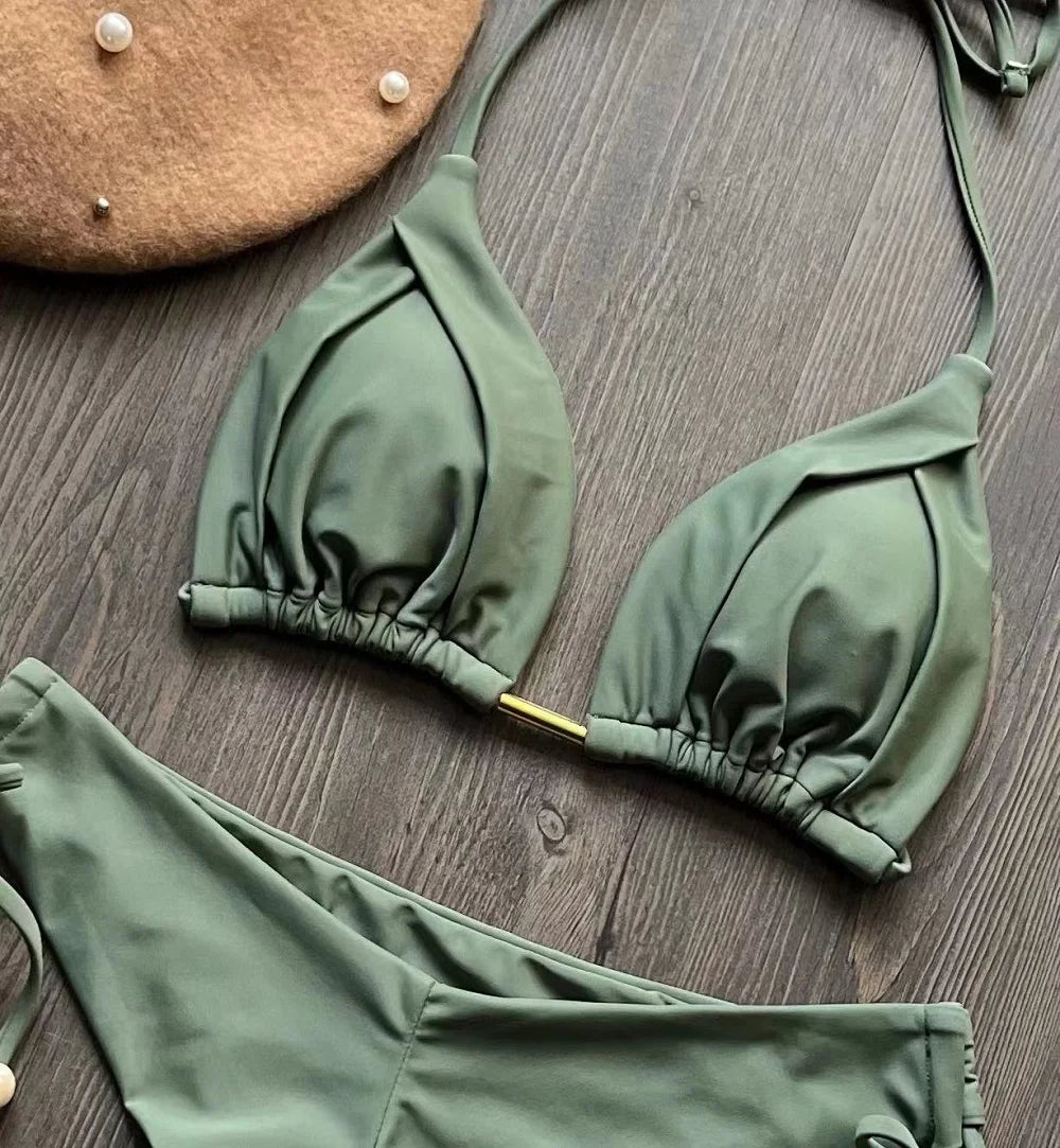 Solid color bikini set 2026 women's new swimsuit 2-piece set bead neck hanging bikinis summer beach Swimwear