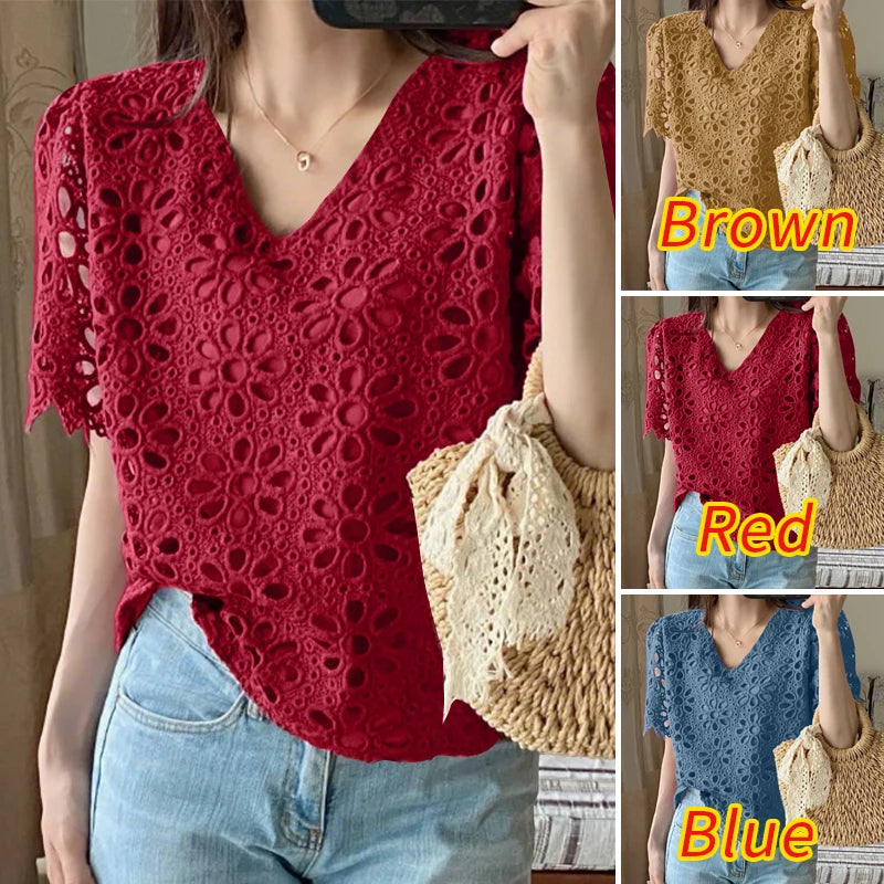 ZANZEA Summer Embroidered Openwork Blouses Women V-Neck Short Sleeve Hollow Out Lace Blusas Mujer Casual Fashion Solid Chemises