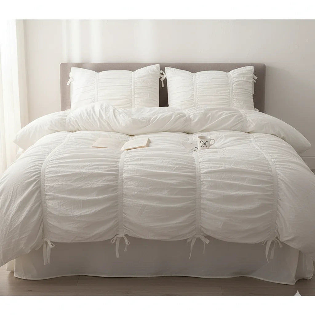 100% Cotton Washed Ruffle Bedding Set White Duvet Cover Set Queen King Size With Bow Ties Ultra Soft Breathable 4Pcs Bedclothes