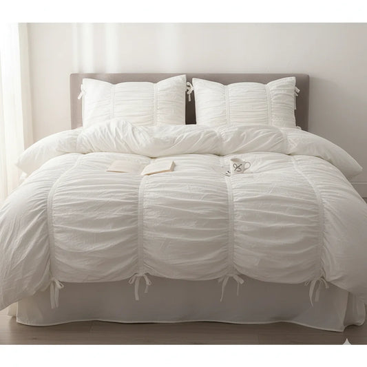 100% Cotton Washed Ruffle Bedding Set White Duvet Cover Set Queen King Size With Bow Ties Ultra Soft Breathable 4Pcs Bedclothes