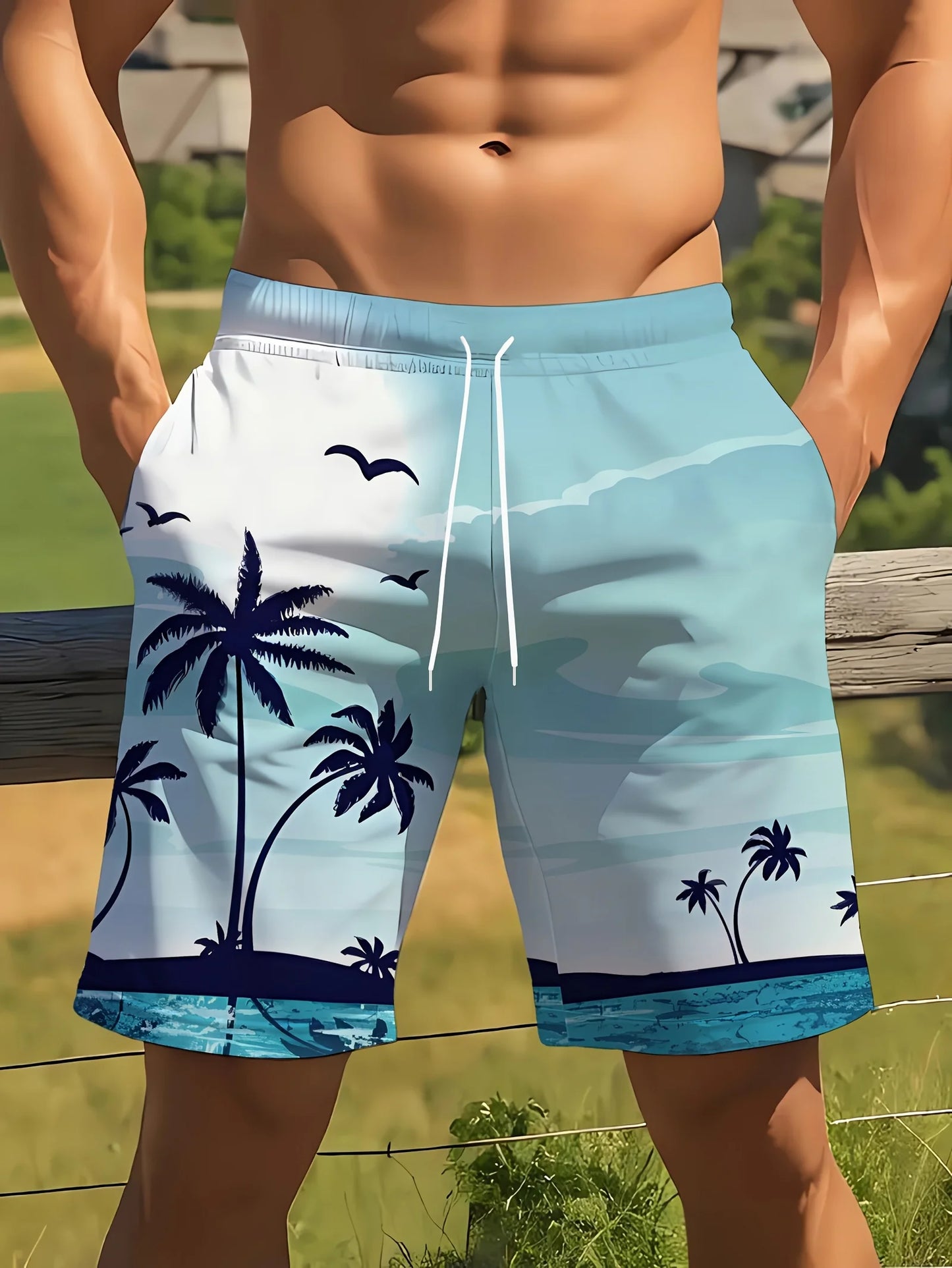 Men's Ocean Coconut Tree Print Beach Shorts Summer New Vacation Surfboard Shorts Casual Classic Men's Quick-Dry Shorts