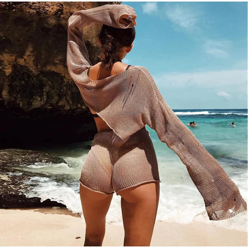 2023 Sexy Beach Crop Top Shorts Sets Women Knit Long Sleeve Lace Up Female Suit Summer Holiday See Through 2 Piece Set Womens