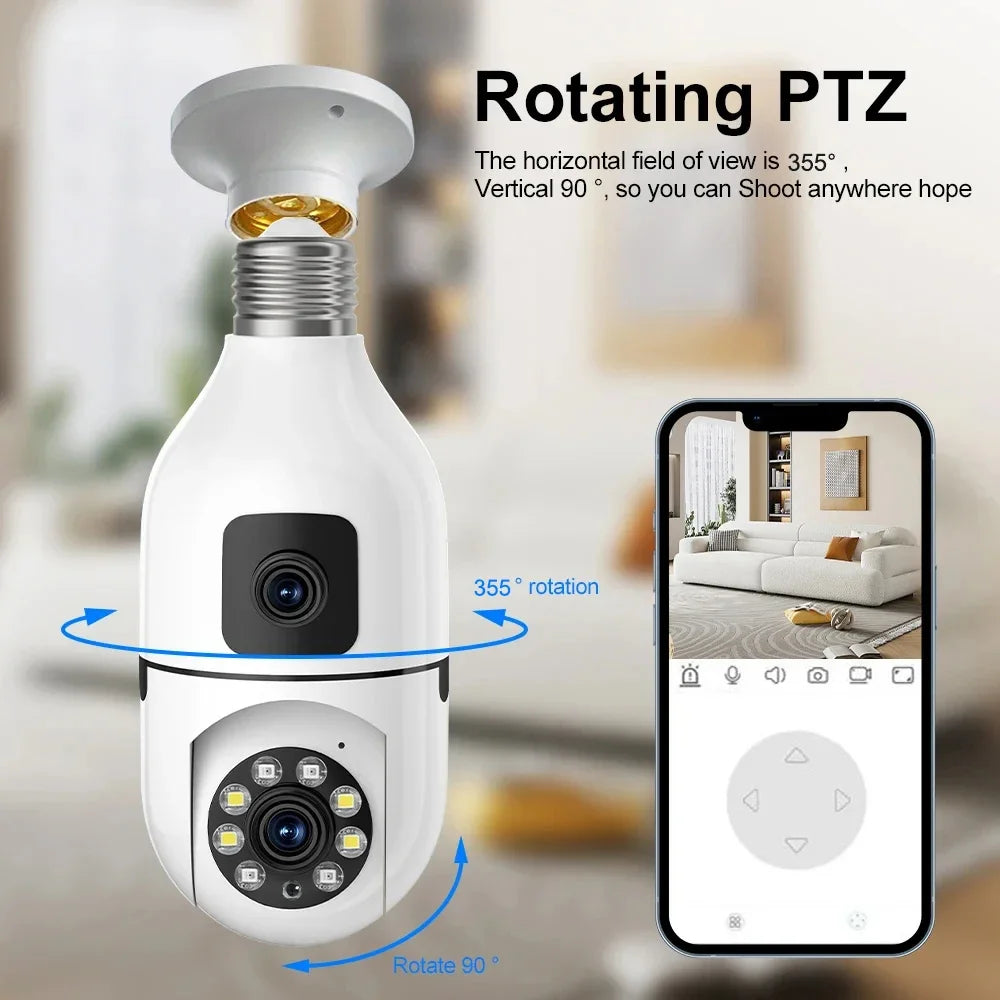 CCTV Security Camera with Dual Lens, PTZ Camera, Night Vision, Human Detection, Wi-Fi, Smart Home, 6MP Bulb, 2.4Ghz
