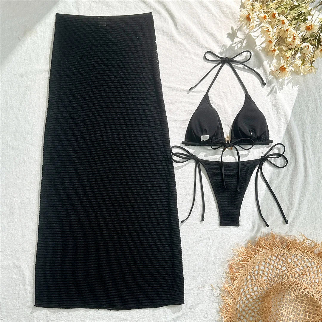 Metal Star Halter With Skirt Bikini Female Swimsuit Women Swimwear Three-pieces Bikini set Padded Bather Bathing Suit Swim V6740