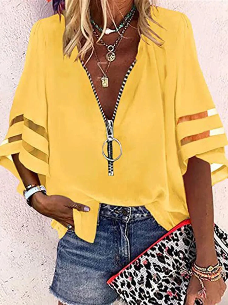 Summer Shirt Elegant Women Lace Patchwork Flared Sleeve Mesh White Blouse Women Zipper V-Neck Loose Casual Tops Streetwear Femal