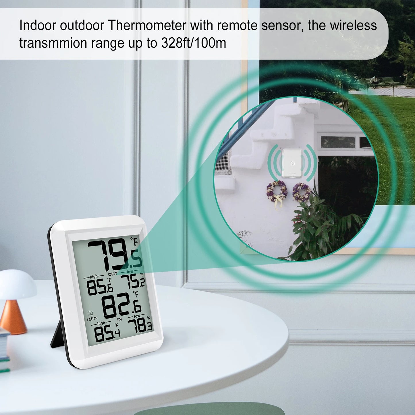 Smart Wireless  Digital Thermometer- Indoor/Outdoor Temp Monitor with Min/Max Records 100m Range Wall Mountable for  Home Office