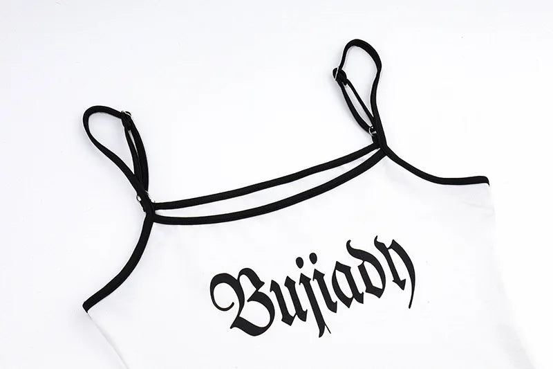 White One-Pieces Bodysuit Letter Print Lenceria Bodys Sexy Mujer Lingerie Tops Women Spaghetti Strap Body Feminino Square Collar