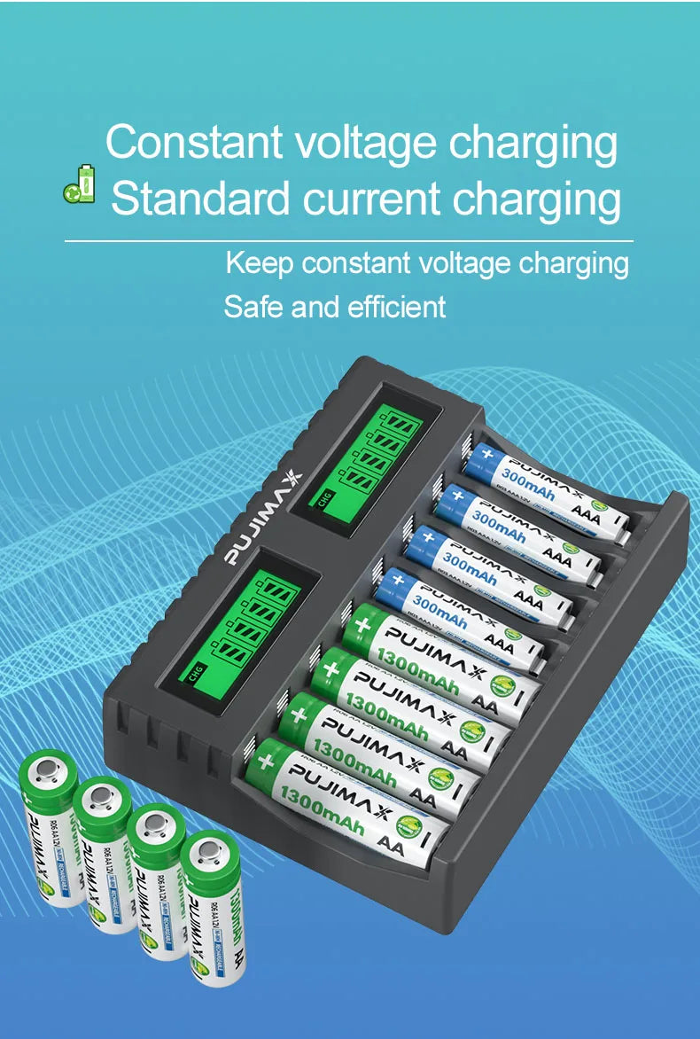 PUJIMAX 8-slot Battery Charger Suitable AAA/AA Rechargeable Battery Short Circuit Protection LED Display Ni-MH/Ni-Cd USB Charger