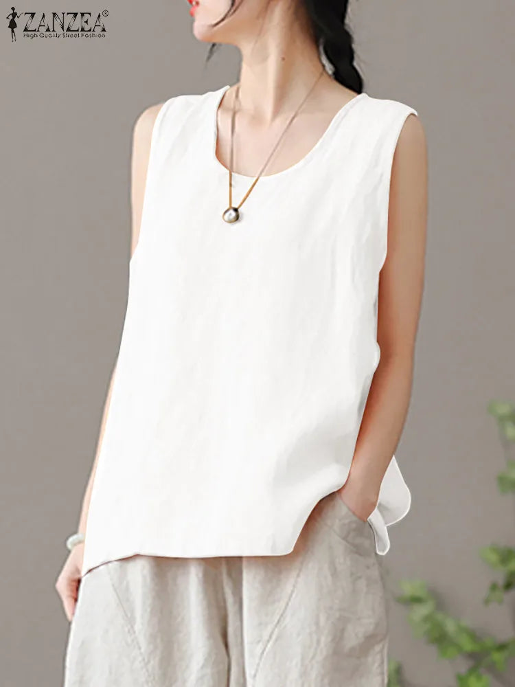 2024 ZANZEA Fashion Summer Beach Shirt Women O Neck Sleeveless Tanks Tops Female Party Solid Loose Blouse Elegant OL Work Blusas