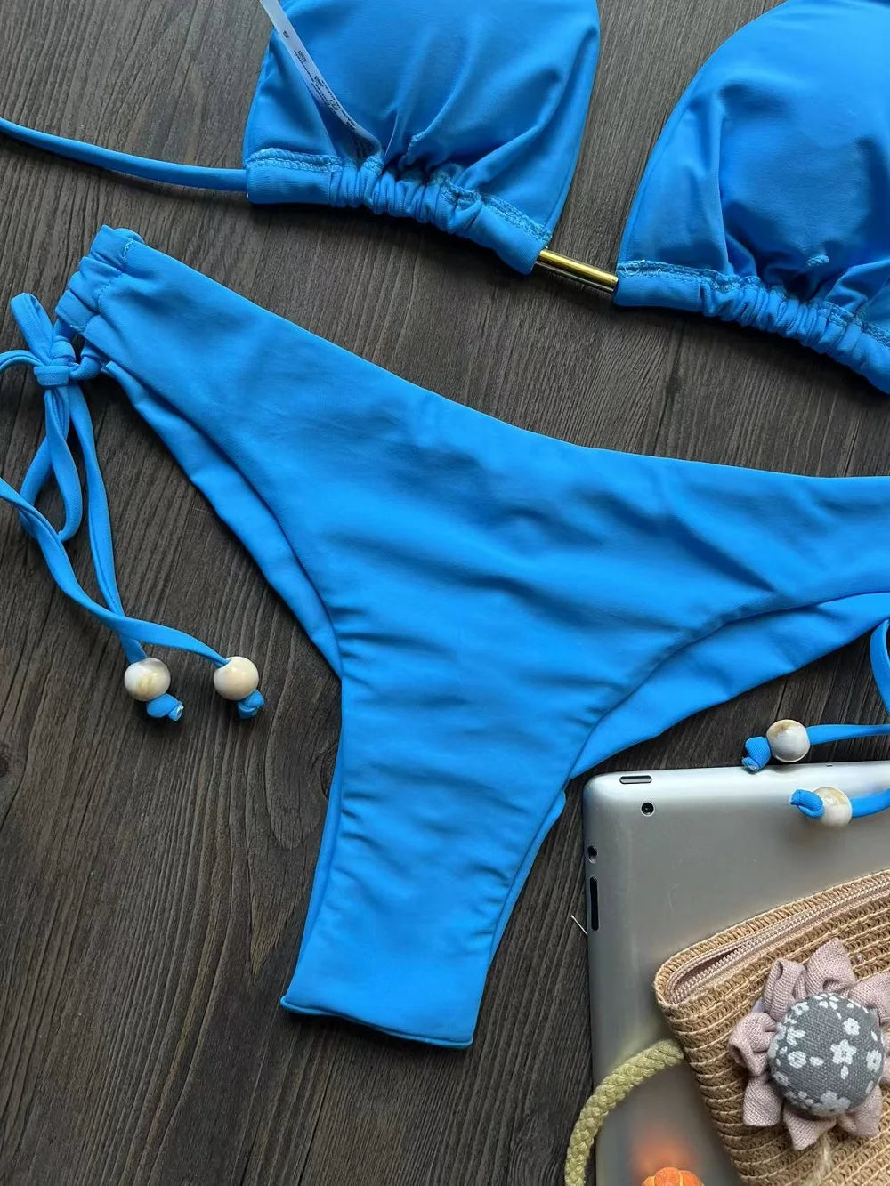 Solid color bikini set 2026 women's new swimsuit 2-piece set bead neck hanging bikinis summer beach Swimwear