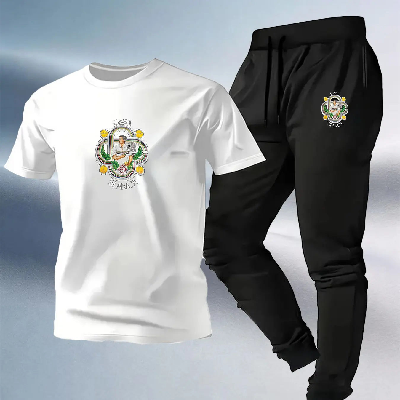Men's HI Letter Striped Print T-Shirt & Thin Pants Set, Simple Casual Breathable Sports 2-Piece Set for Summer