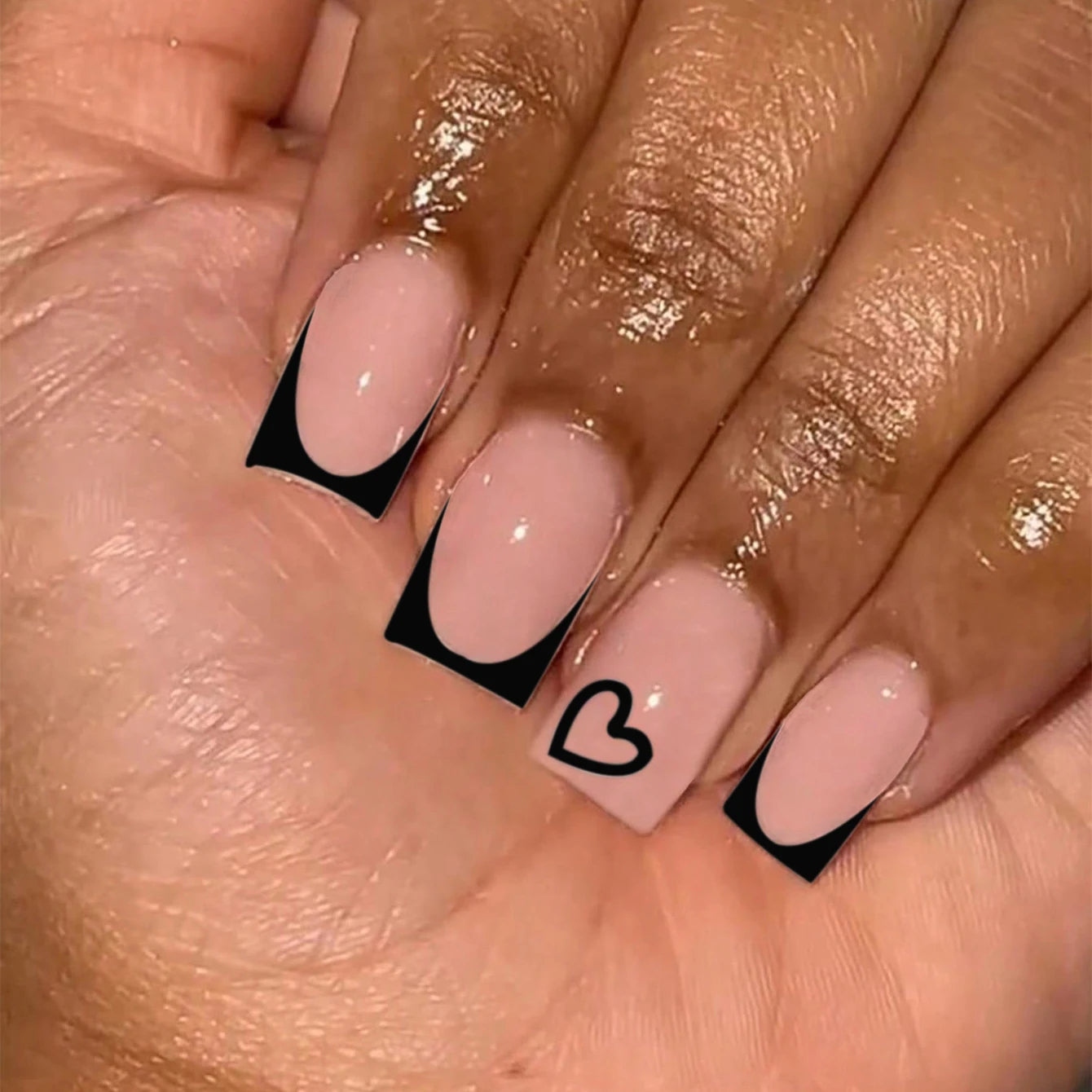 ARTAUG 24PCS Medium Ballerina Pink Nails Black French Tip Press On Nails Press On Nails Love Design Summer Nails Tipsy Cute Nail