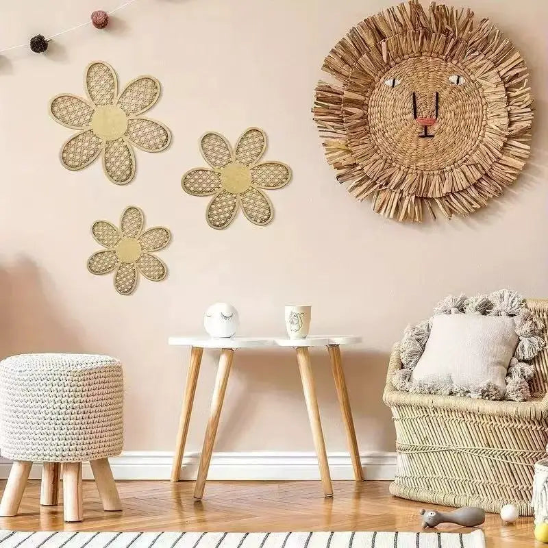 Bohemian Daisy Wall Decoration, Wooden Rattan-Like Pattern Wall Art Hanging Piece, Home Living Room Wall Decoration