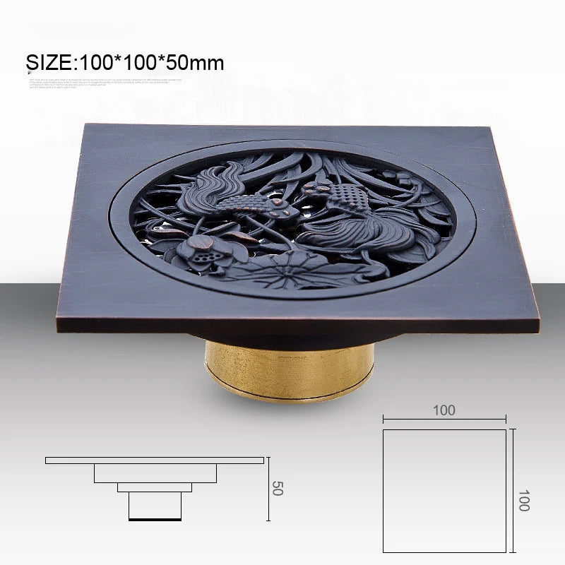 Shower Drains 10*10cm Square Bath Drains Strainer Hair Antique Brass Fish Carved Bathroom Floor Drain Waste Grate Drain