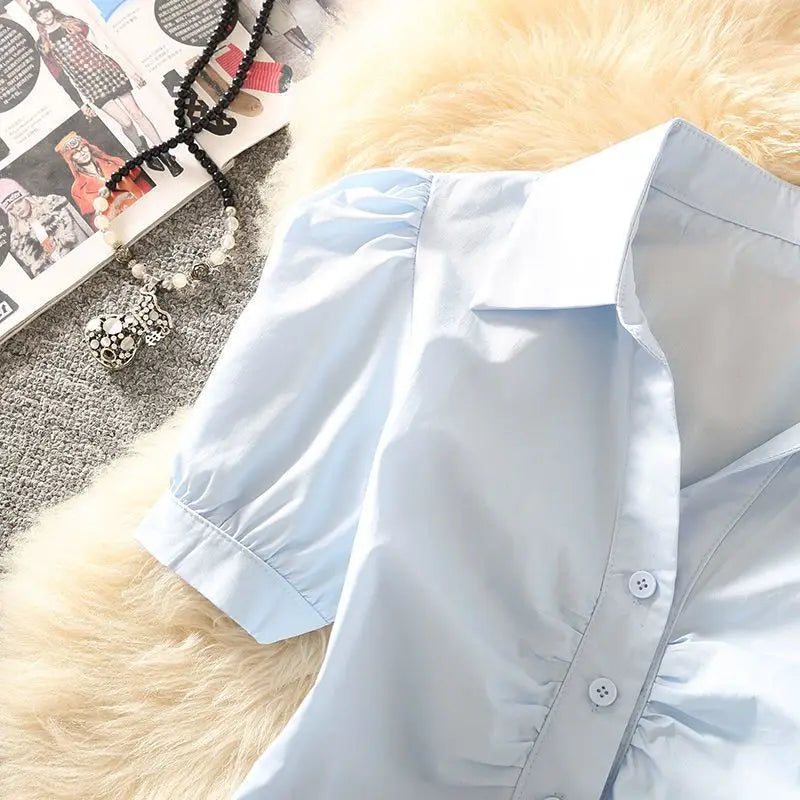 Cropped Summer Shirts Women Simple Office Lady All-match Solid Sweet Short-sleeve Design Chic Young Y2k Tops Popular Slim Preppy