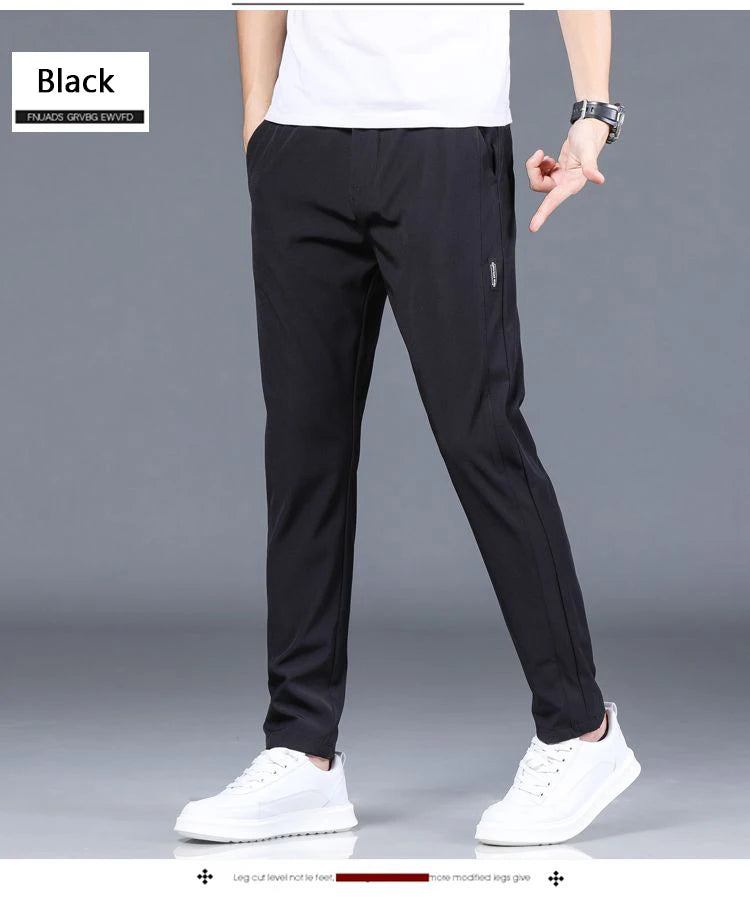 Ice silk men's pants 2025 summer new black gray thin business casual pants outdoor elastic breathable straight leg sports pants