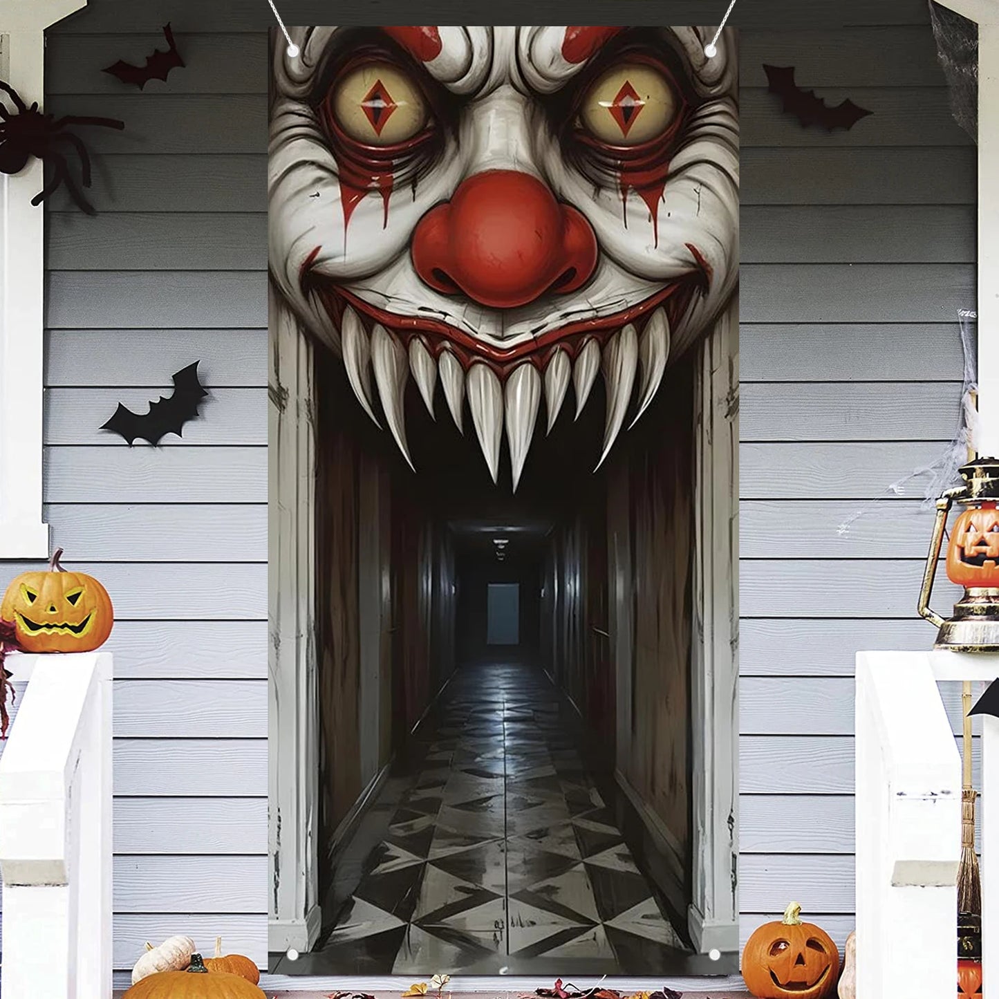 Halloween Decorations Door Cover,Spooky Witch and Zombie Theme Wall Decor,Indoor Outdoor Haunted House Themed Decoration 2D Scen