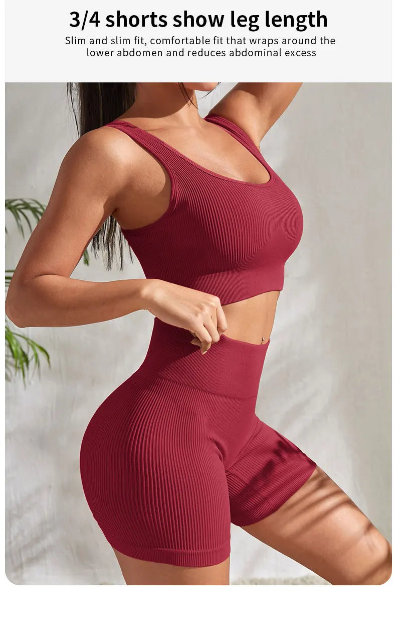 Seamless Ribbed Fitness Set for Women Solid Color Knit 2 Piece Workout Outfit Crop Tank High Waist Shorts Yoga Running