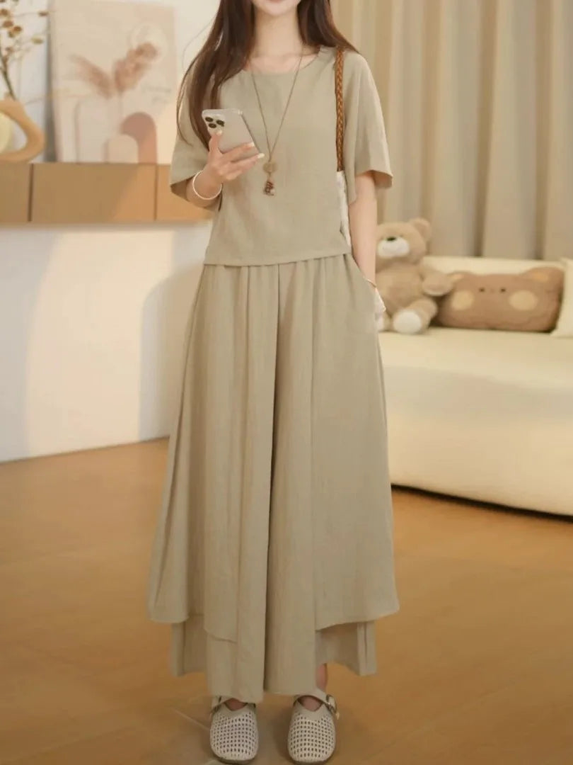 Fashionable Summer Outfit Women's Slimming Short Sleeve T-Shirt Skirt Pants Drapey Casual Meat Concealing Two-Piece Set