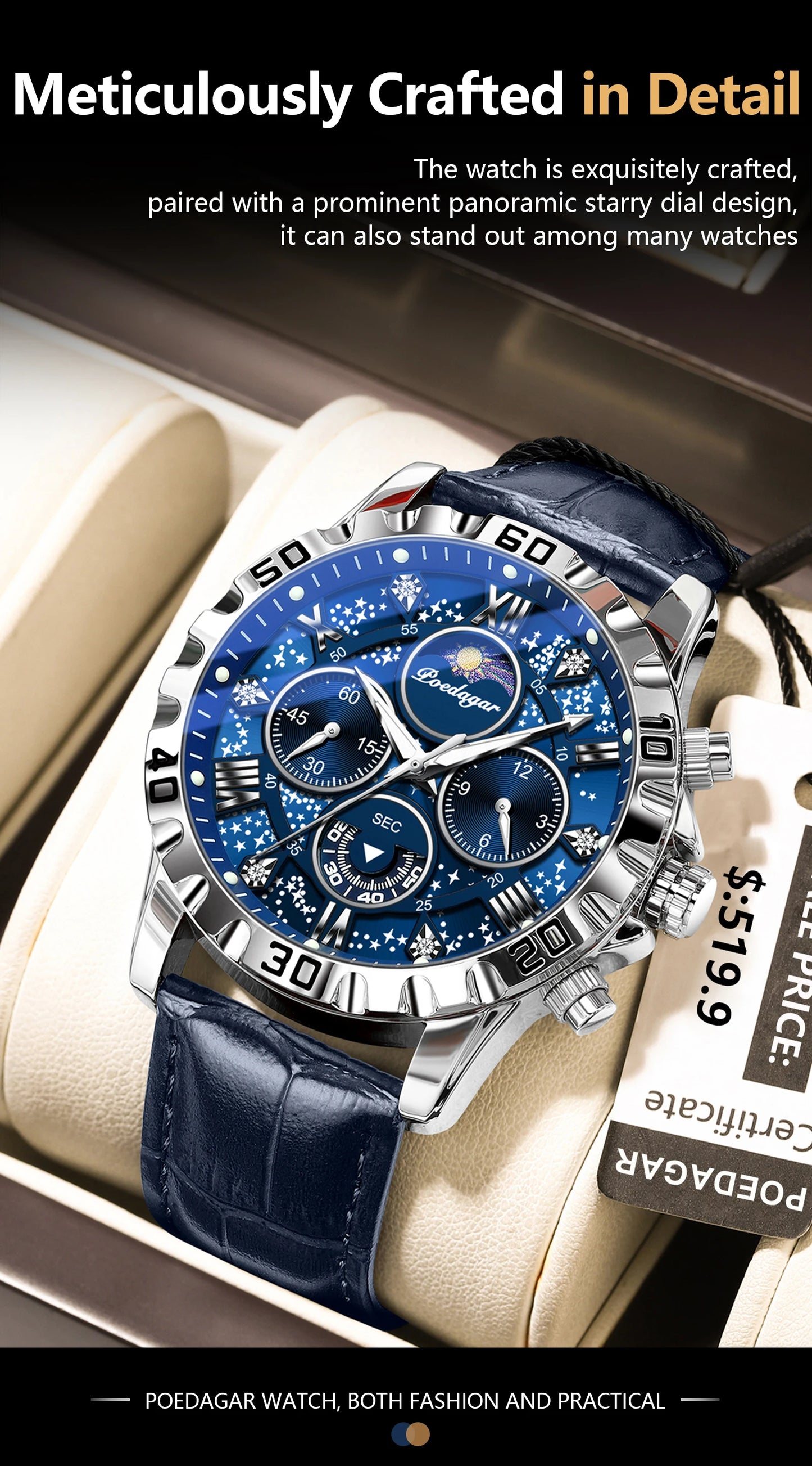 POEDAGAR Luxury Fashion Man Watch Waterproof Luminous Chronograph Leather Watches For Men Sports Outdoor Men's Quartz Wristwatch