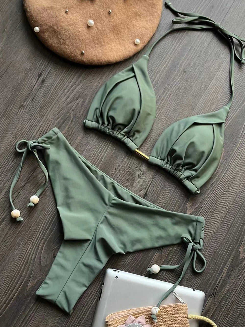 Solid color bikini set 2026 women's new swimsuit 2-piece set bead neck hanging bikinis summer beach Swimwear