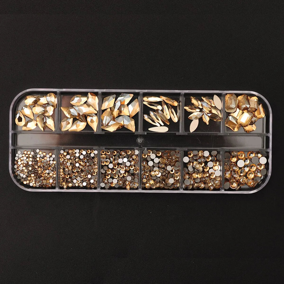 12 Grids Golden Shadow Flatback Rhinestones Glitter Nail Charms Crystal Diamond Nail Art Decoration for Nails Accessories