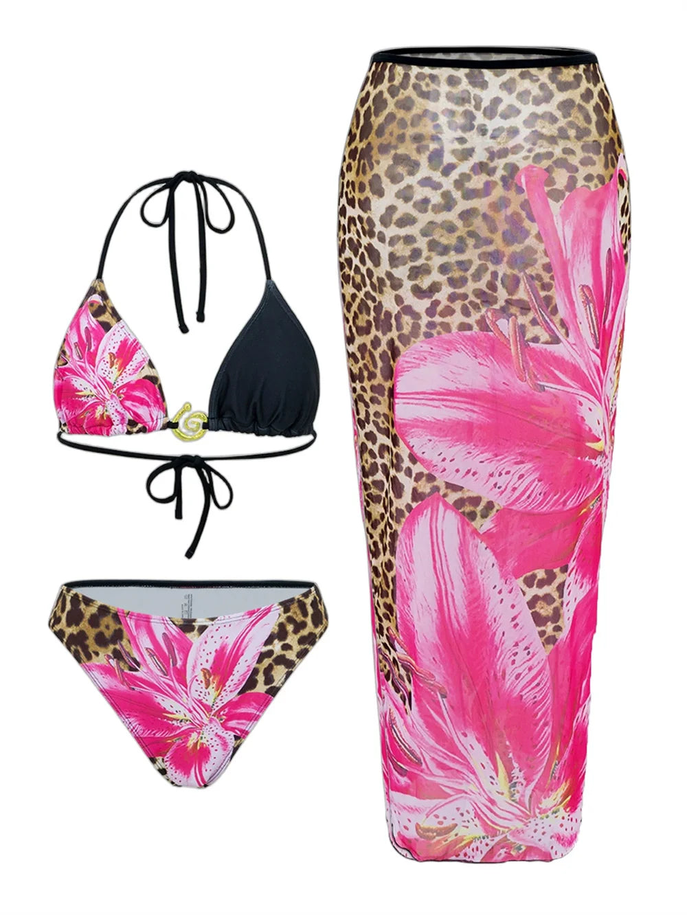 2026 New Flower Print Bikini Set Women's High Waist Long Skirt 3 Piece Swimsuit Sexy Mini Triangle Backless Thong Bathing Suit