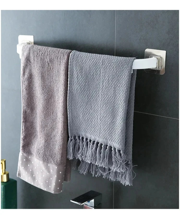 Adhesive Towel Rack for Bathroom Towel Bar Bath Shelf Wall Mounted Towel Hanger Toilet Suction Cup Holder Kitchen Organizer