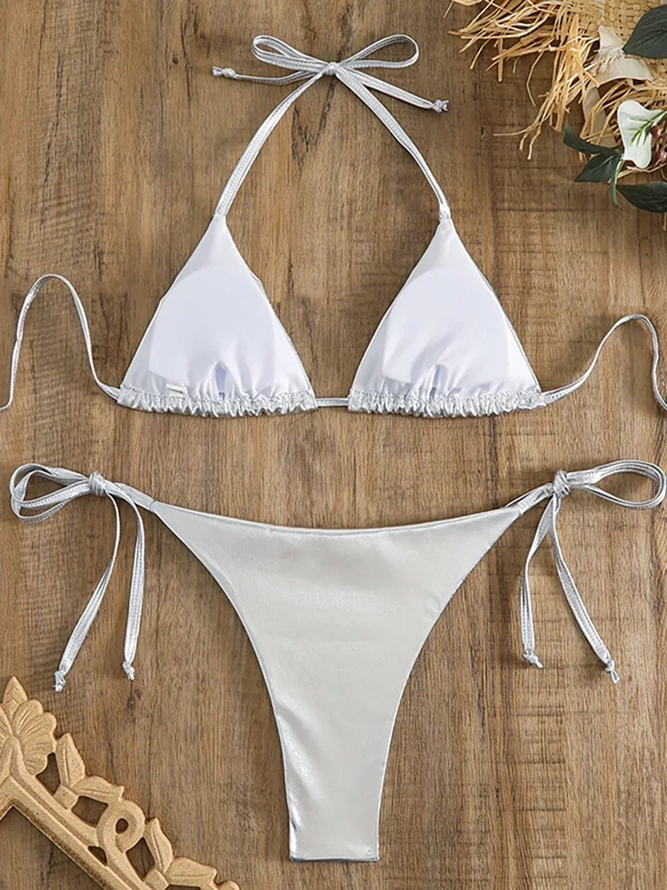 Sexy Metallic Halter Bikinis Sets Lace Up Triangle Tie Side Bikini 2024 Swimsuit Women Swimwear Brazilian Female Bathing Suits