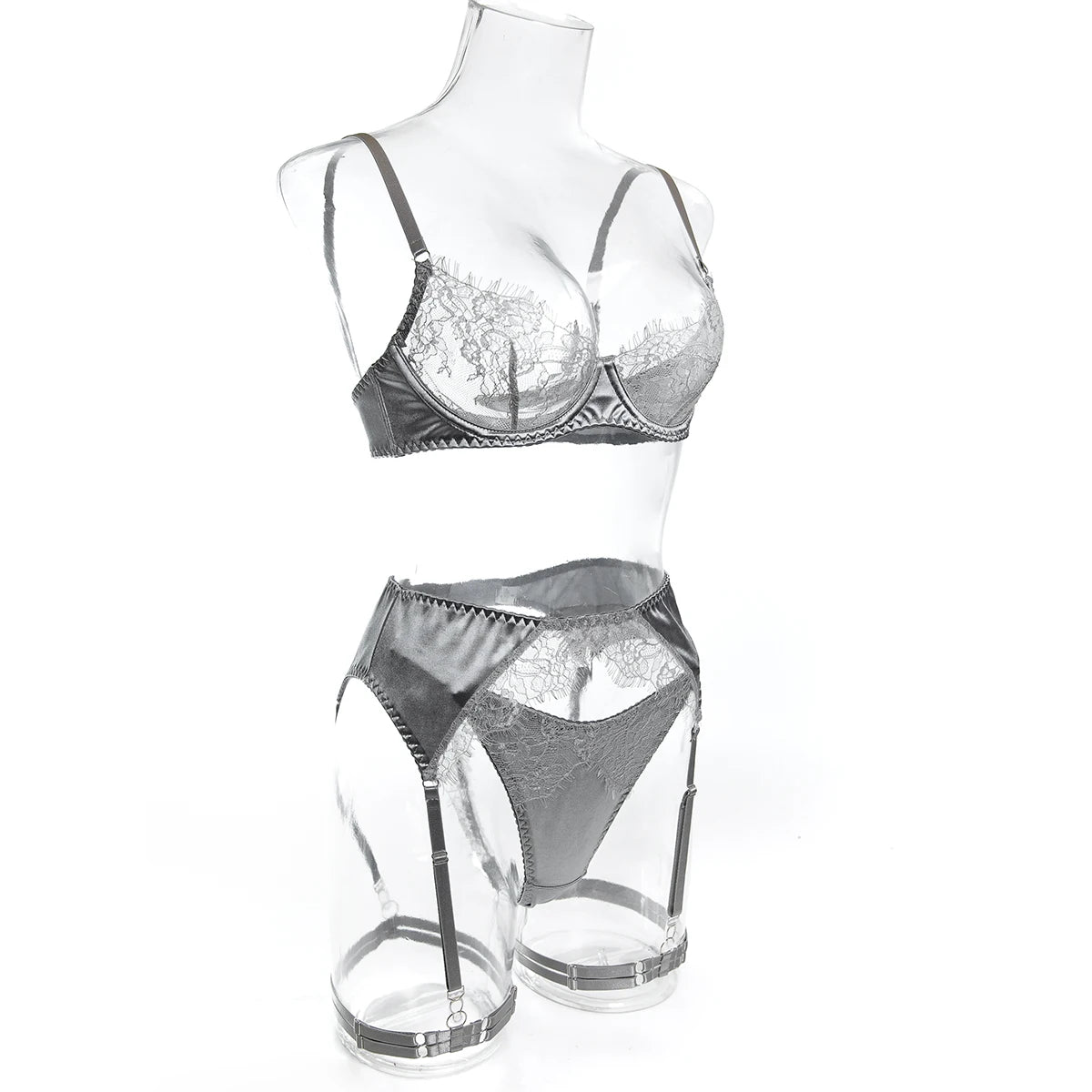 Sexy 3PCS Lace Satin Lingerie Set Underwire Bra + Garter Belt + Thigh Harness Sheer Lenceria Women Erotic Underwear