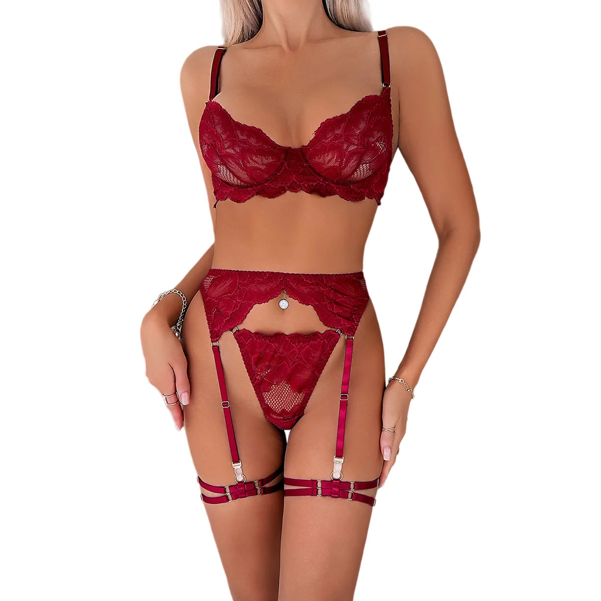Sexy 3PCS Lace Satin Lingerie Set Underwire Bra + Garter Belt + Thigh Harness Sheer Lenceria Women Erotic Underwear