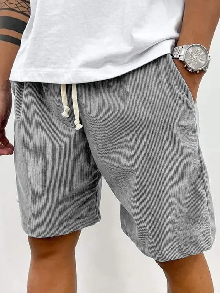 New 2025 Men's Summer Casual Drawstring Corduroy Retro Shorts Comfortable Loose Fit Plain Patterned Versatile for Daily Wear