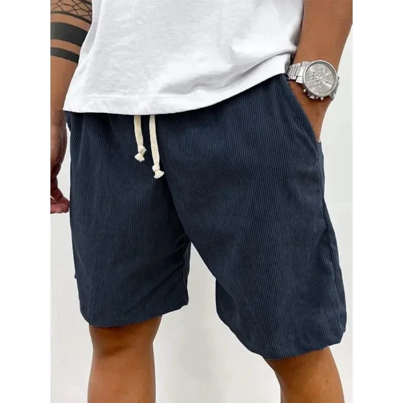 New 2025 Men's Summer Casual Drawstring Corduroy Retro Shorts Comfortable Loose Fit Plain Patterned Versatile for Daily Wear