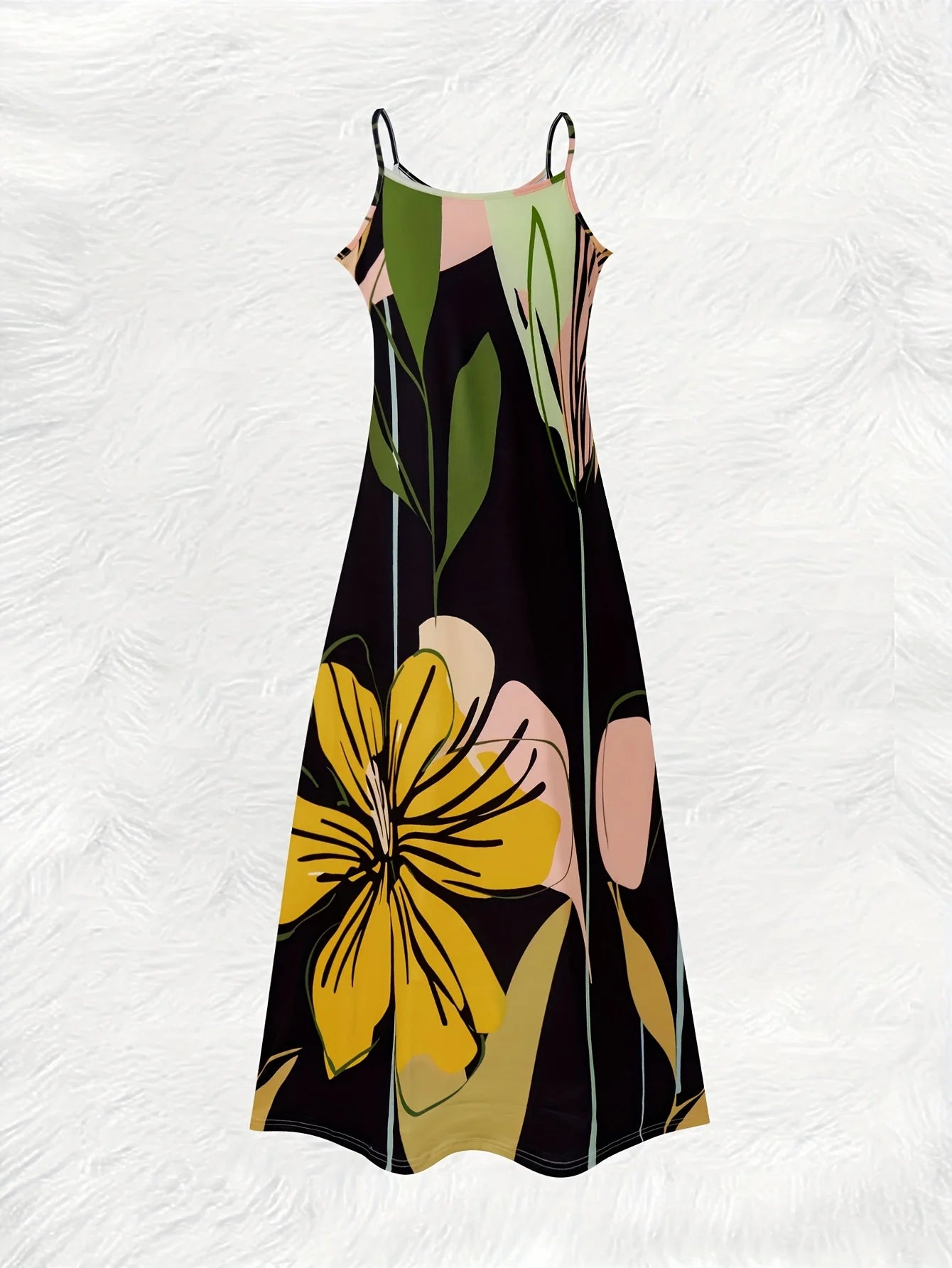 Summer Vacation Dress for Women Floral Print Yellow Green Long Sleeve A Line Dress Round Neck Casual Day Dress Beach Outfit