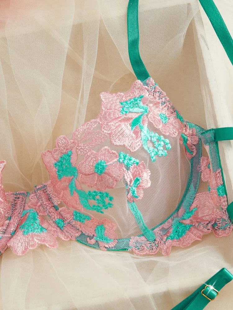 Sexy Lingerie for Women Floral Embroidery Lingerie Set Romantic Mesh Underwear Transparent Three-point Bra Set Intimate Lingerie