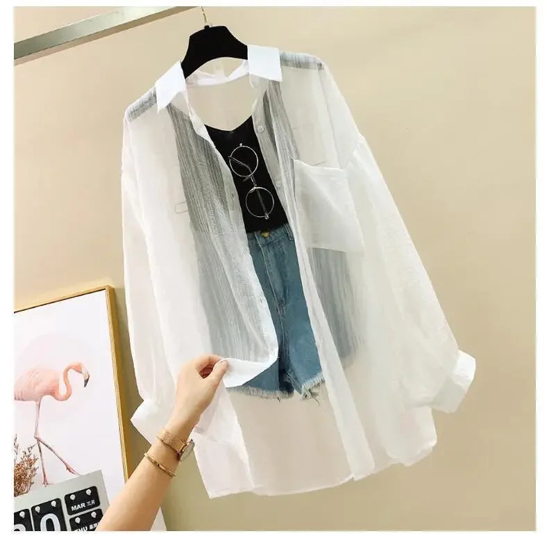 Summer Women's Elegant Chiffon Sunscreen Shirt Korean Harajuku Style See-Through Loose Blouse Thin Perspective Cardigan Yk2 Tops