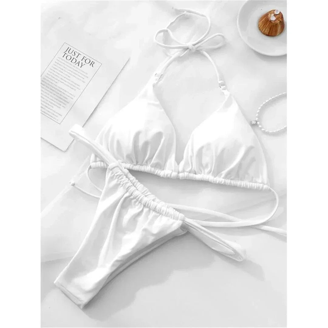 PU Pleated Ruched Bikinis Mini Micro Thong Bikini Women Swimwear Female Swimsuit Two-pieces Bikini Set Halter Bathing Suit Swim