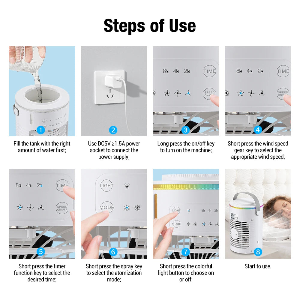 Air Conditioner Cooling Spray Fan Air Conditioner with Water Ice Evaporative Humidifier Quiet Air Cooler with Colorful Light