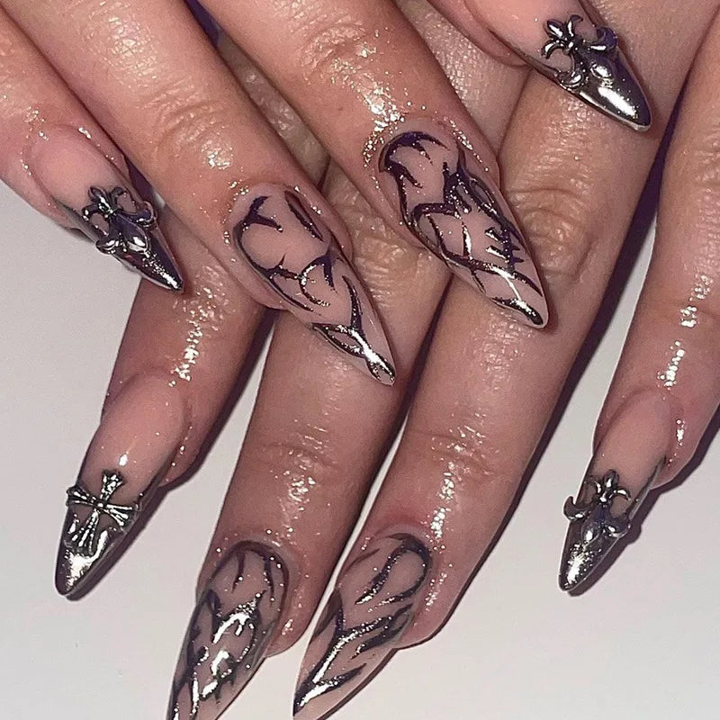 24Ps/Set Almond Slant Gold Line Lotus Pink Fake Nails Artificial Professional Material art False Nail Supplies For Professionals