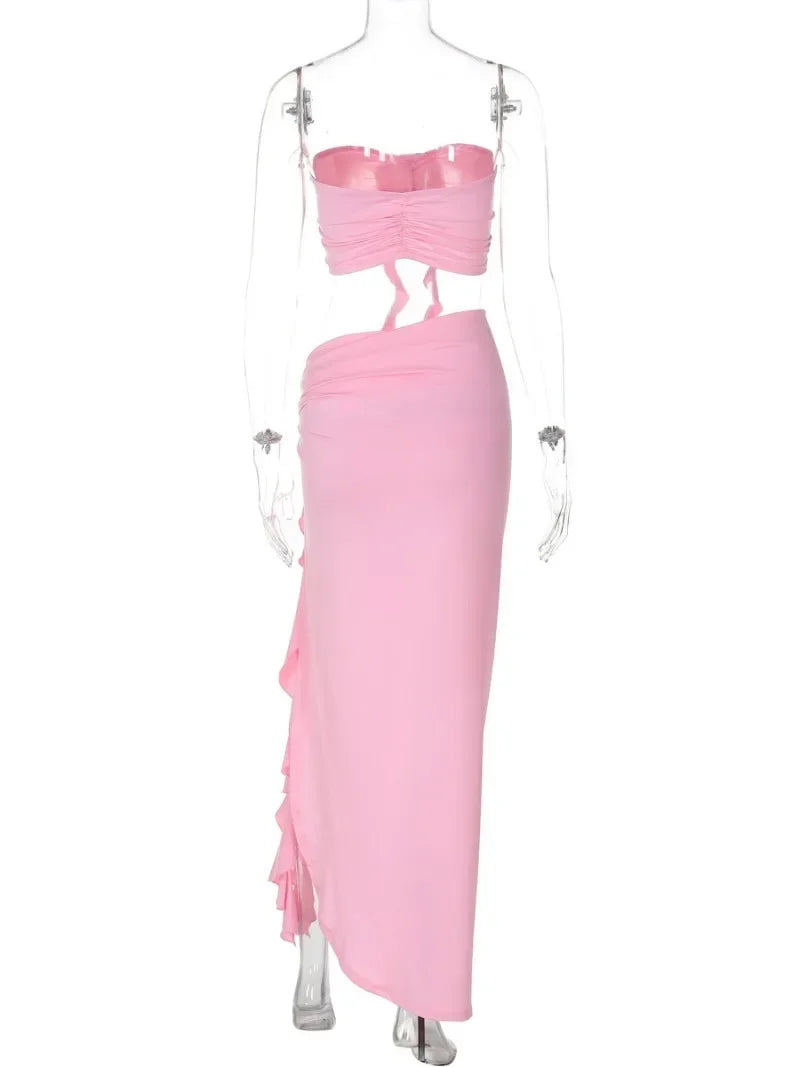 Women's Elegant Two Pieces Dresses Suits Flower Corset Top and High Slit Long Skirts Matching Sets Red Pink Vacation Outfit 2026