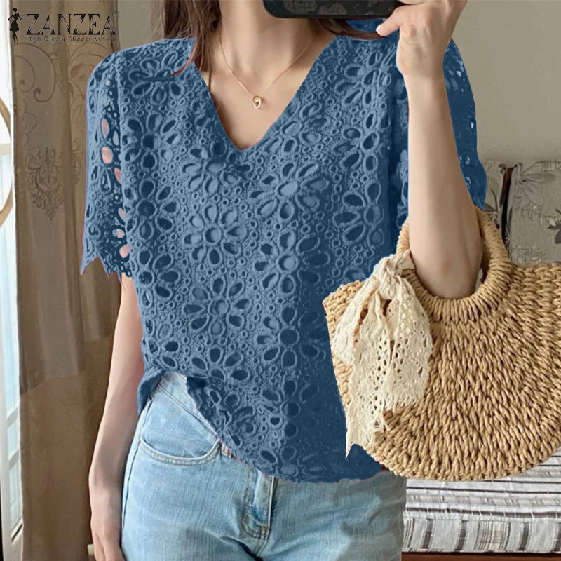 ZANZEA Summer Embroidered Openwork Blouses Women V-Neck Short Sleeve Hollow Out Lace Blusas Mujer Casual Fashion Solid Chemises