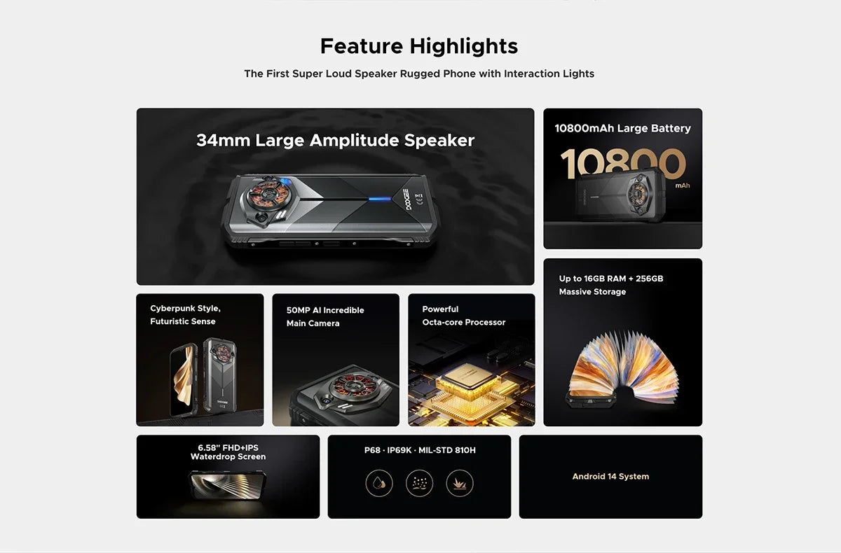 Global version DOOGEE S Punk Rugged Smartphone Android 14 6.58" FHD+90Hz IPS Screen 16GB(6+10)+ 256GB 10800mAh 50MP Mobile Phone